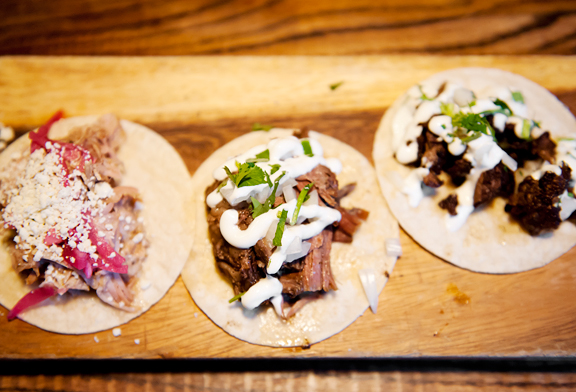 Street tacos at Bonez -- barbacoa, carnitas, carne asada