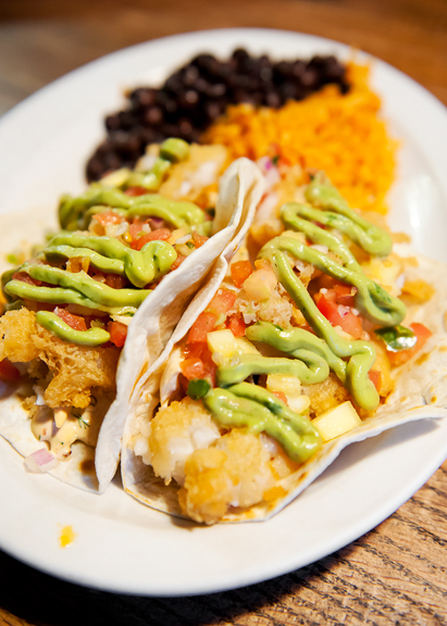 Lobster tacos with tempura-fried lobster and avocado crema